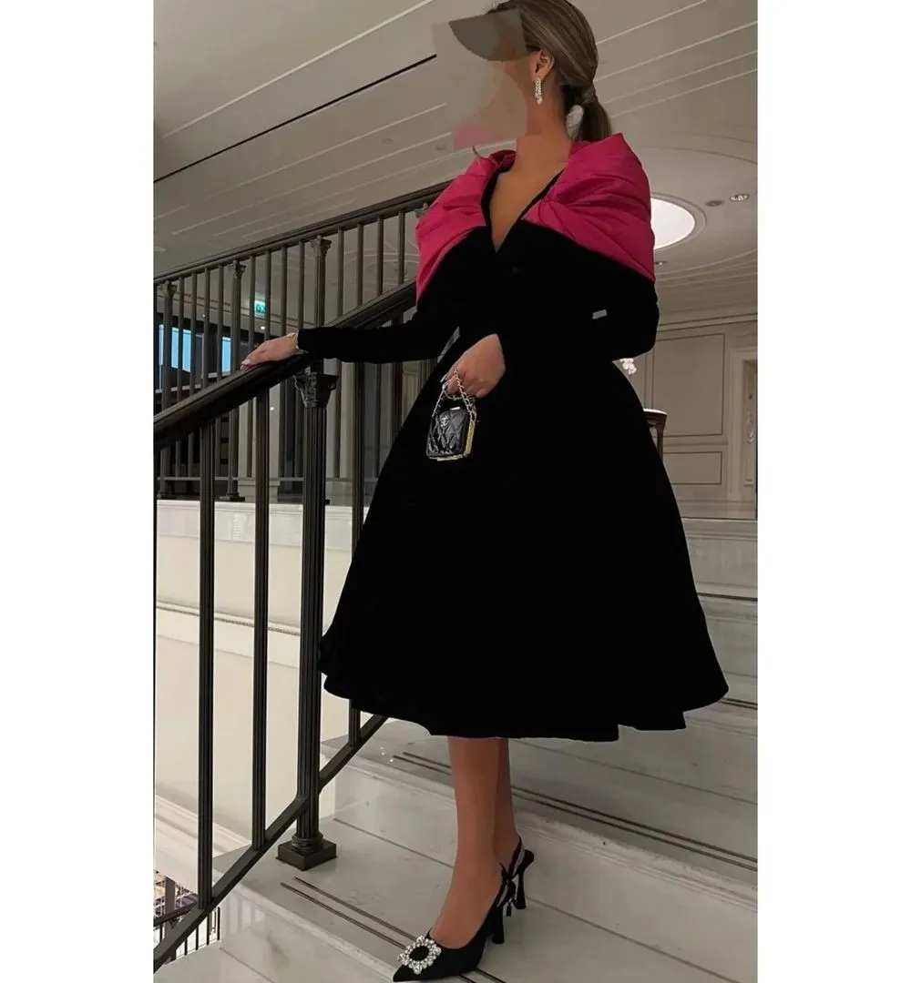 

Koendye Black Velour Prom Dresses V Neck Saudi Arabia Women Wear Evening Party Dress Long Sleeves Dubai Vestidos De Novia 2024