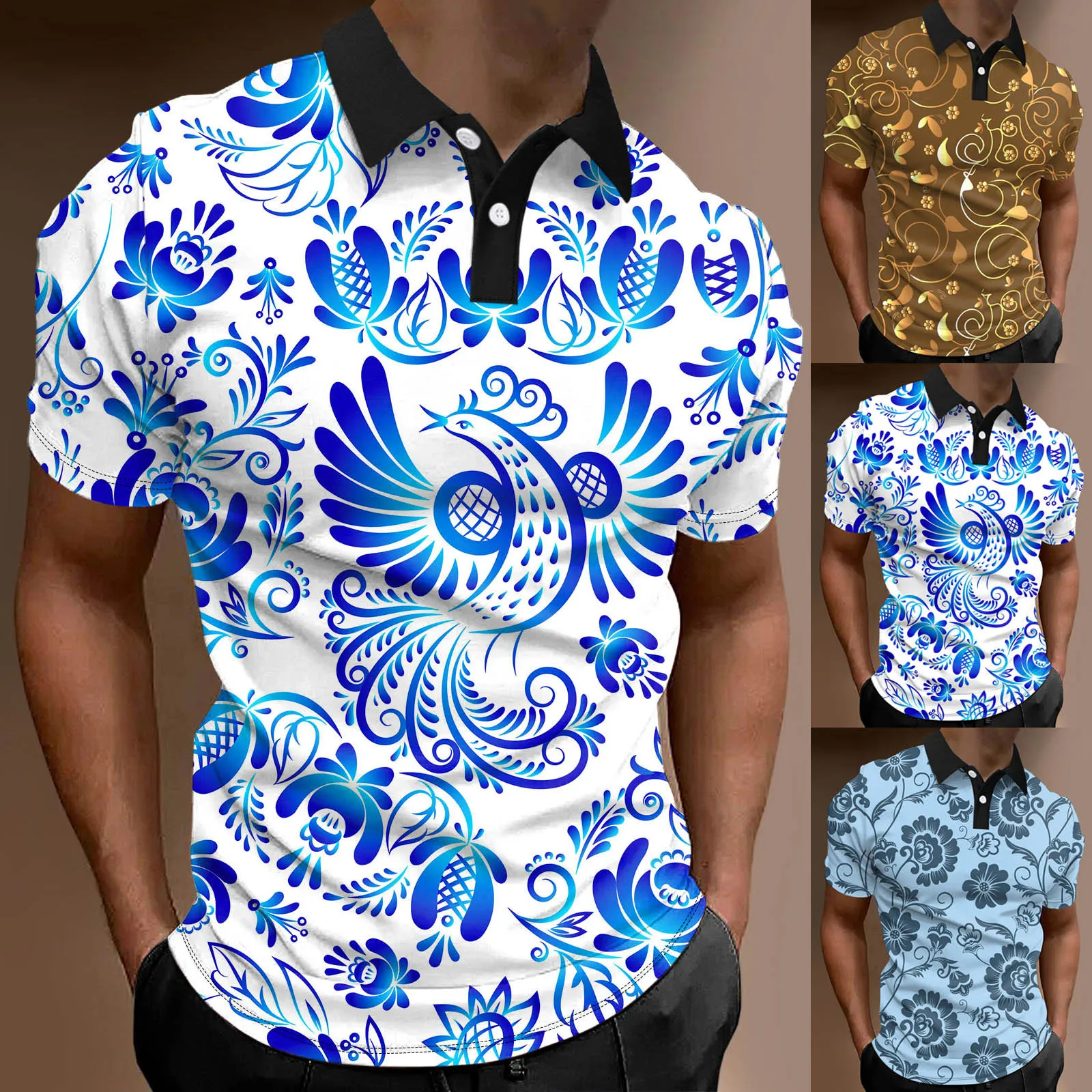 

Men Fashion Spring Summer Casual Short Sleeve Turndown Neck Printed T Shirts Top Blouse Social dress shirt Button