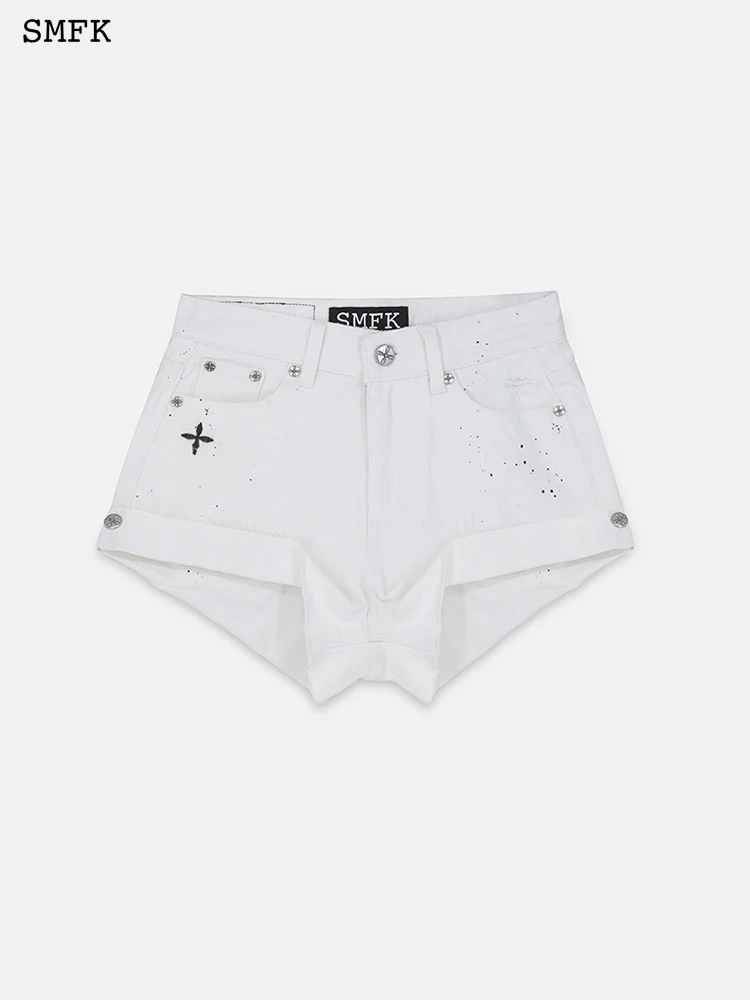SMFK Hand-painted Women's High Waisted Denim Shorts cross flower Beige Jean Speckle ink Summer Jeans Female Casual Loose Short