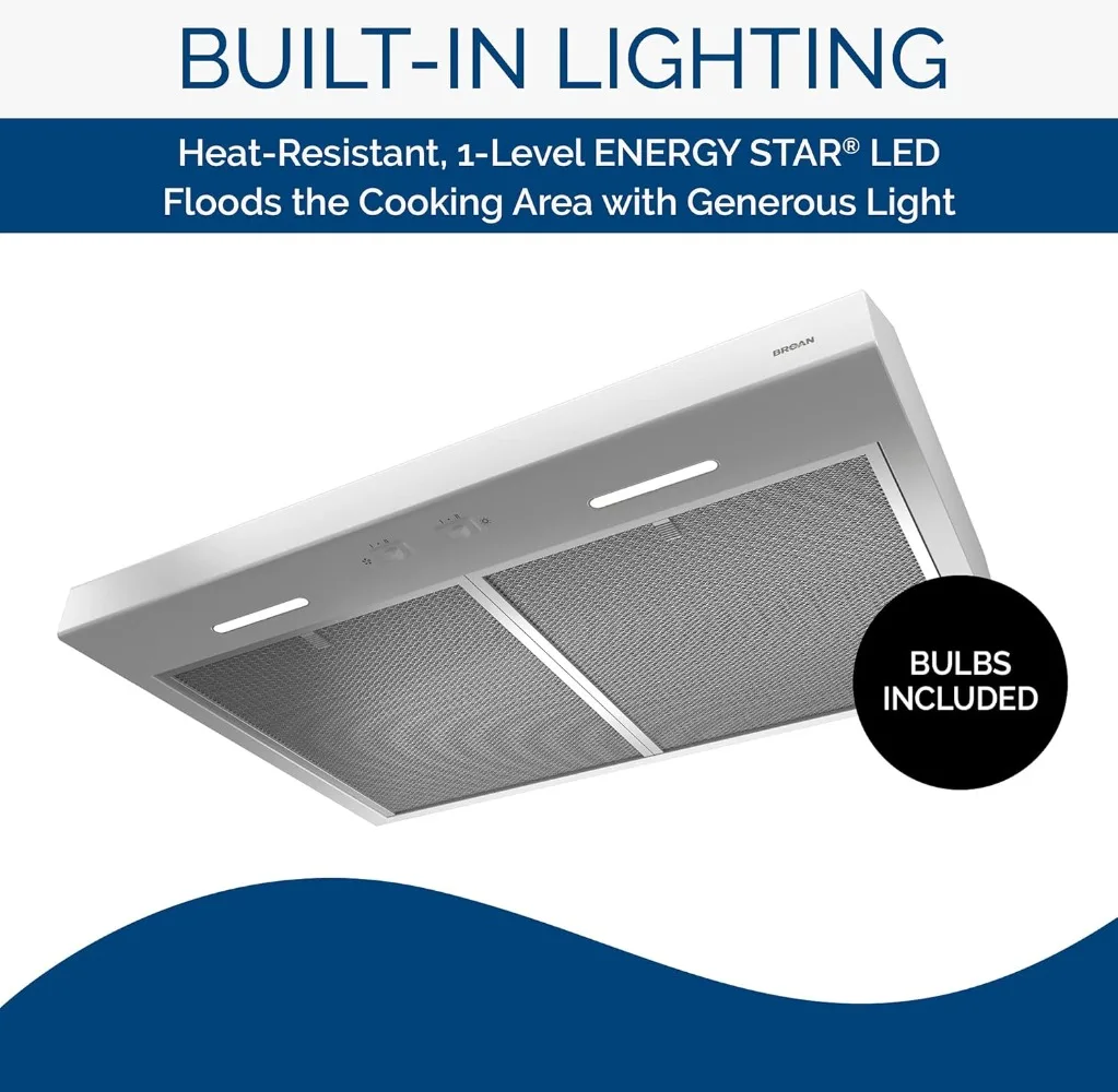 Broan-NuTone Energy Star Certified Ligh Glacier 30in Under-Cabinet 4-Way Convertible Range Hood W/ 2-Speed Exhaust Fan and Light 4