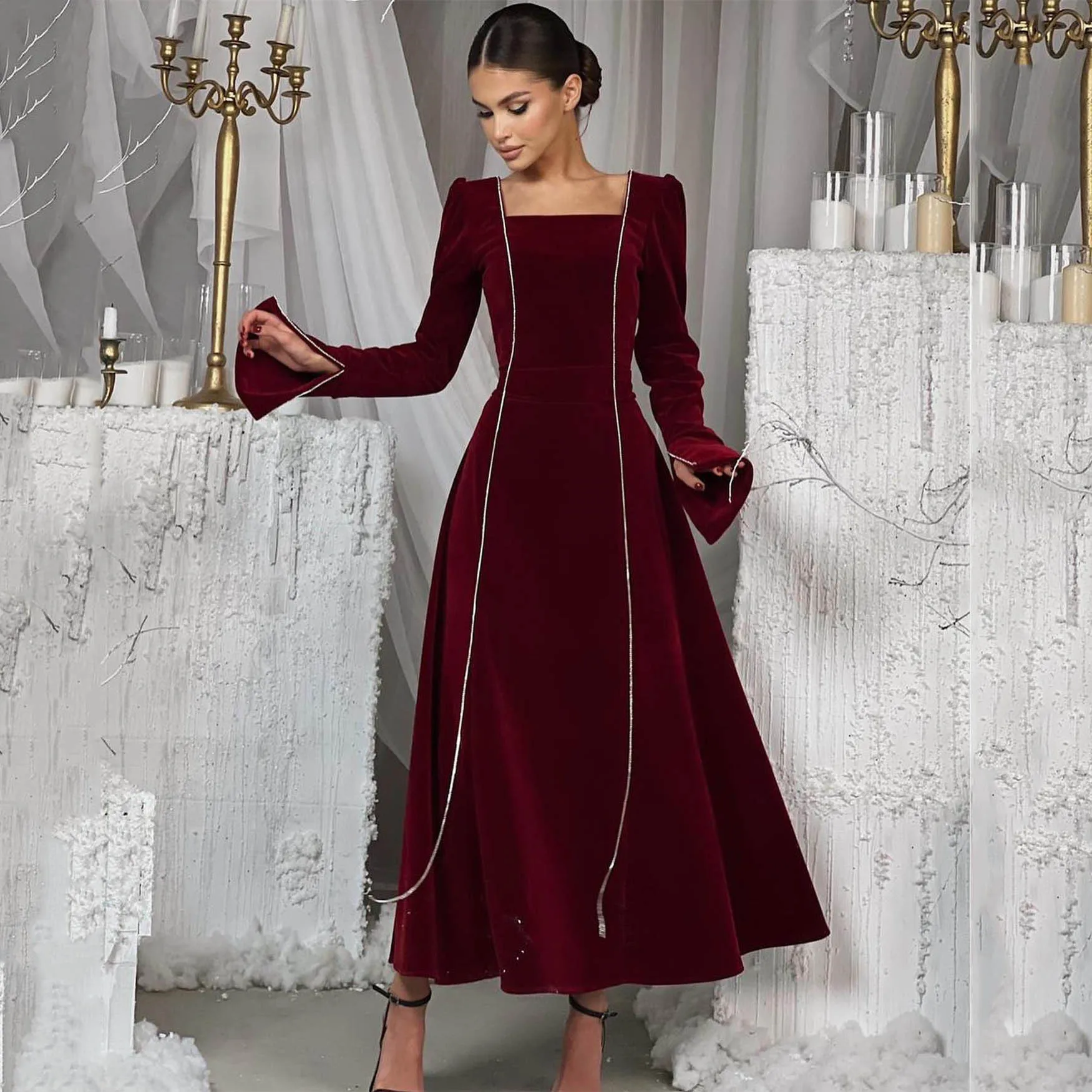 

New Autumn Winter Party Dress French Lady Dress Korean Velvet Bell Sleeve Square Neck A-Line Long Skirt Female