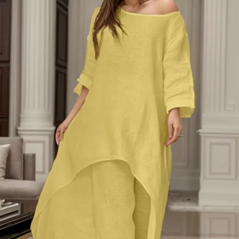 Cotton Linen Casual Irregular Two-Piece Set for Women Loose Wide Leg Pants Elegant Two-Piece Suit Tops Fashion 26030