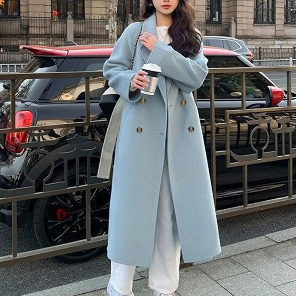 

Women Overcoat Thickened Loose Turn-down Collar Loose Double-breasted Long Sleeve Mid-calf Length Lady Midi Coat