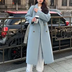 Women Overcoat Thickened Loose Turn-down Collar Loose Double-breasted Long Sleeve Mid-calf Length Lady Midi Coat