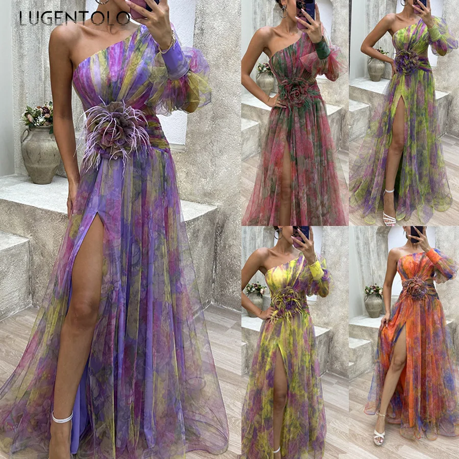 

Women Sexy Party Dress Mesh Split End Slanted Shoulders Big Swing Fashion Female Sleeveless Slim Floral Print Long Clothing