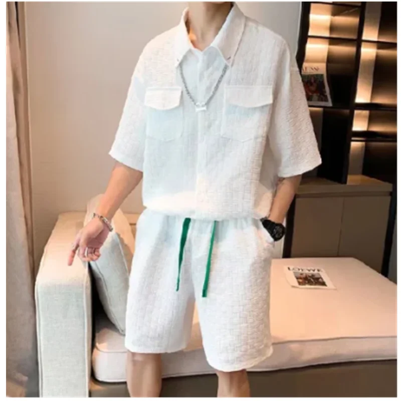 Men's Summer Short Sleeve Set Trend Simple Casual Top Shorts Loose Top Fashion Shorts Men's Clothing H0003 solid women short sleeve sets 2 pieces set loose slim crop t shirts clothing streetwear shorts loose straight summer