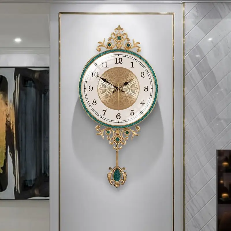 

European Style Pure Copper Wall Clock with Pendulum Luxury Home Living Room Restaurant Entrance Clock Decorative Wall Watch Mute