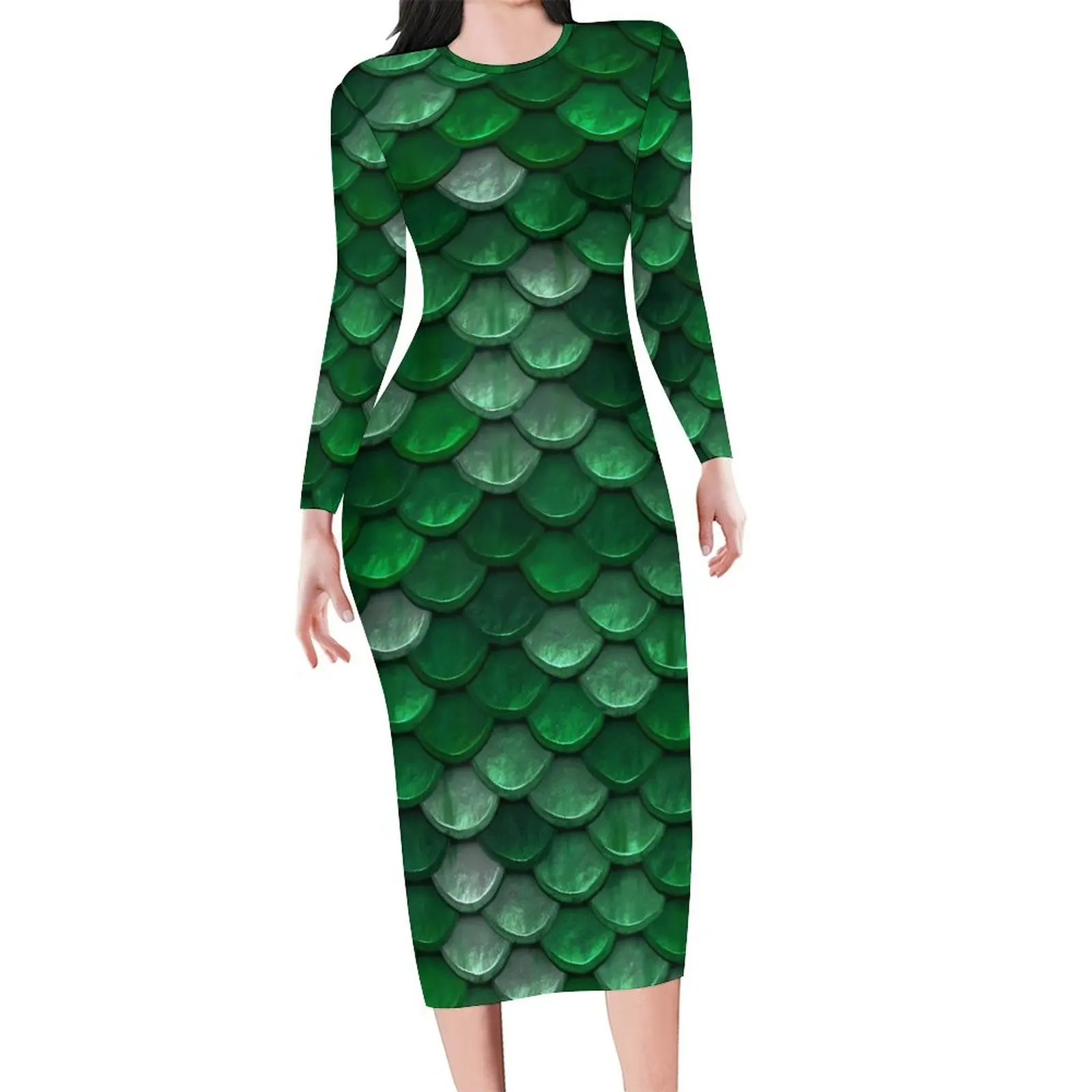 Green Mermaids Bodycon Dress Women Fish Scales Print Club Dresses Summer Long Sleeve Street Wear