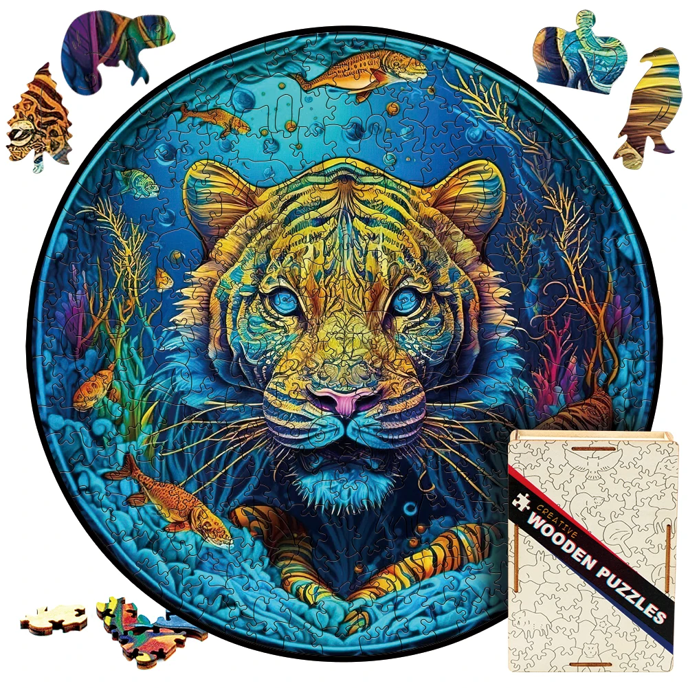 Wooden Puzzle Water Tiger Mandala Animals Jigsaw Puzzles Novel Children Toys Educational Montessori 3D Wood Puzzle Box Wit Games