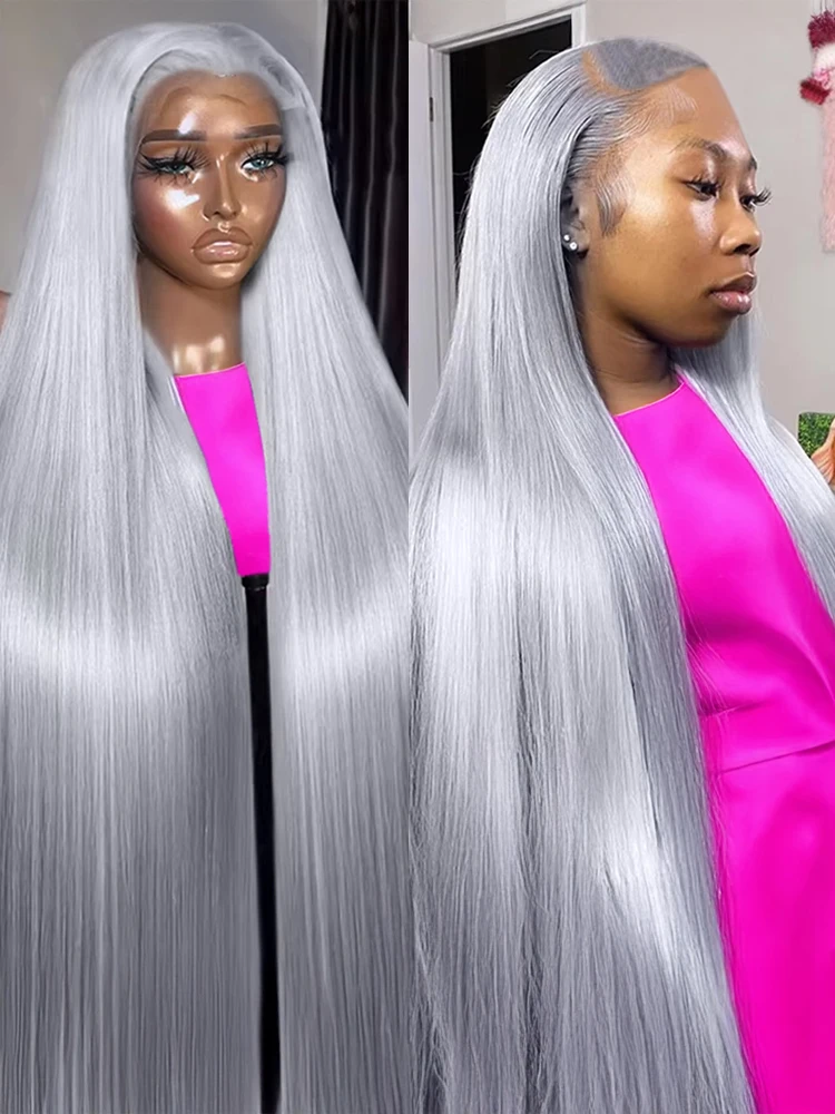 40 42 Inch Silver Grey Colored Bone Straight Lace Front Human Hair Wigs Silky Hair HD Transparent 13x6 13x4 Lace Frontal Wigs For Women Brazilian Real Virgin Hair Wigs Pre Plucked 250% Density High Quality 1