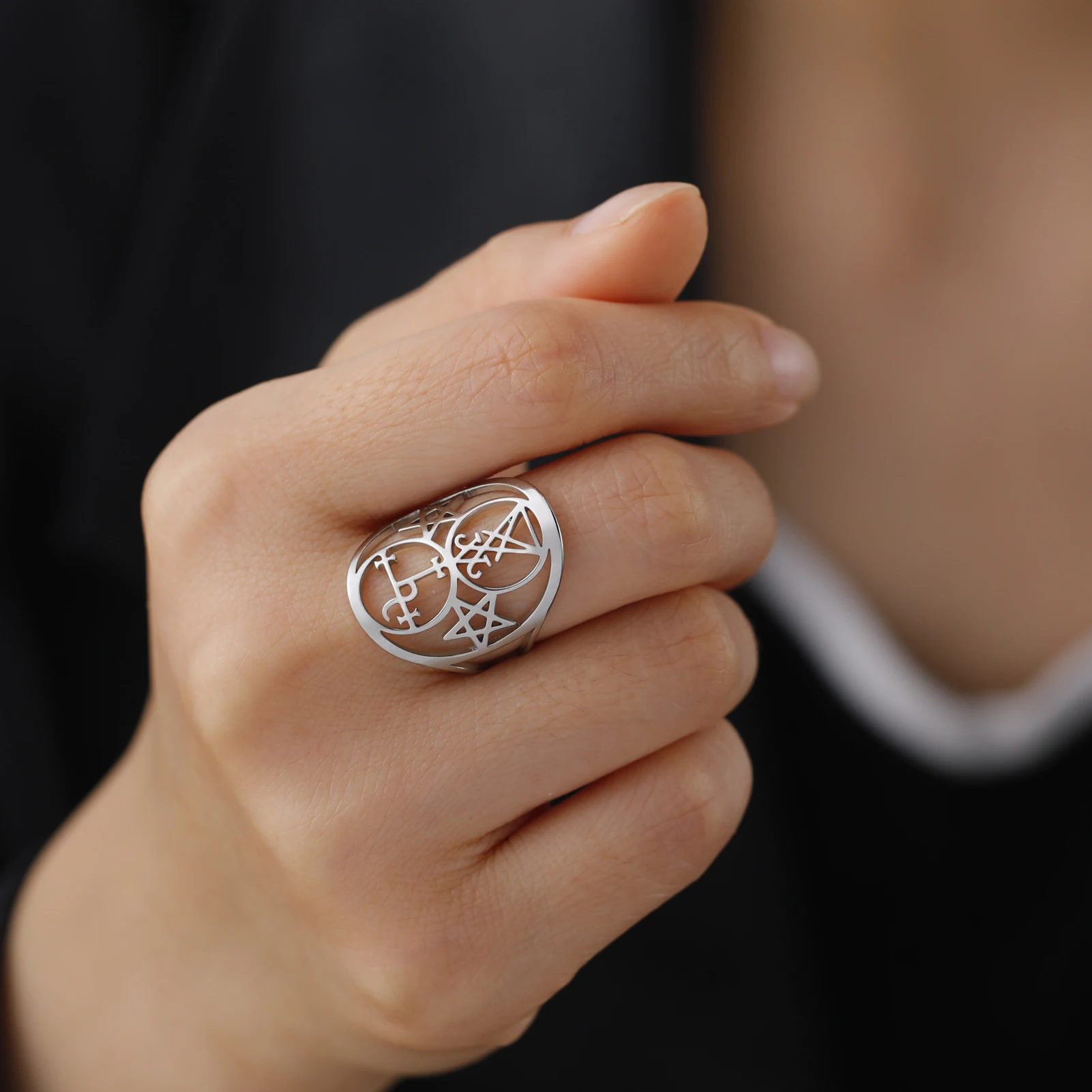 Enchanting Geometric Ring with Lucifer Sigil and Lilith Protection in Stainless Steel Jewelry