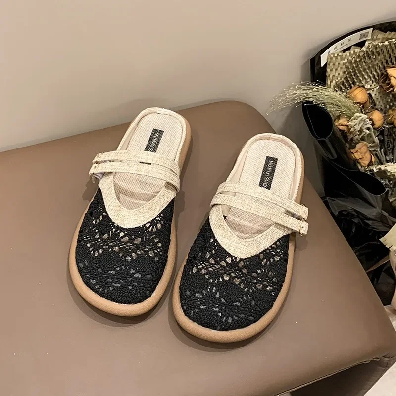 Large Size Women's Sandals Summer Hollow Breathable Vintage Slippers Lightweight Comfortable Fashion Buckle Strap Casual Flats