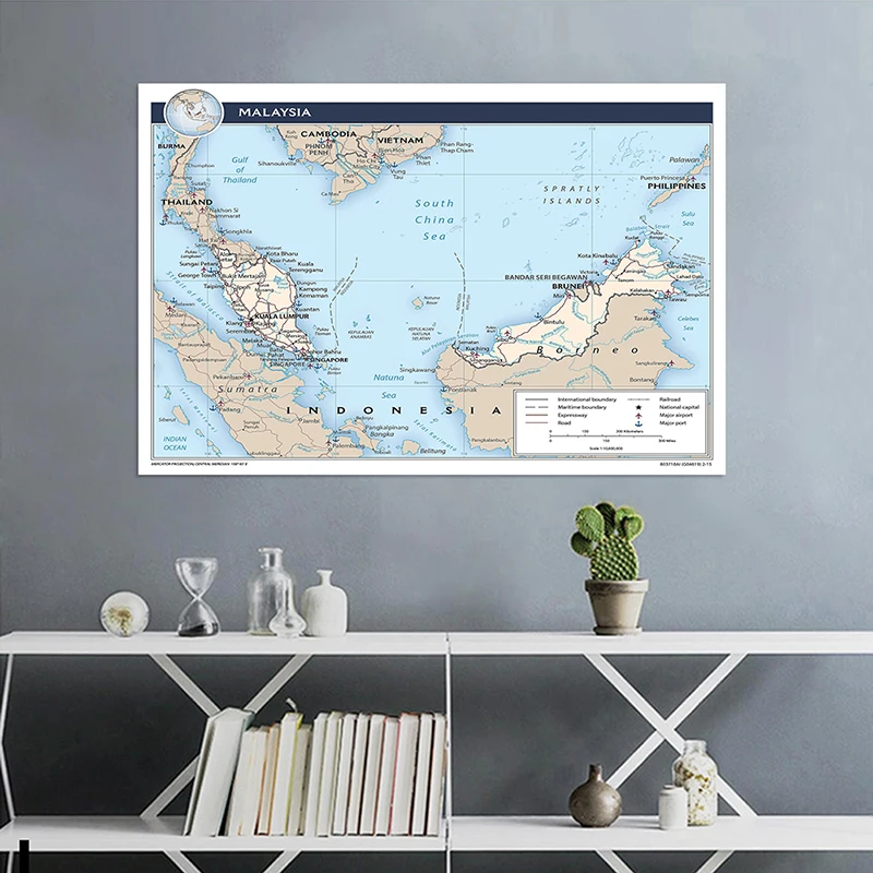 225*150cm The Malaysia Administrative Map In English Non-woven Canvas Painting Wall Unframed Poster and Print Home Decoration