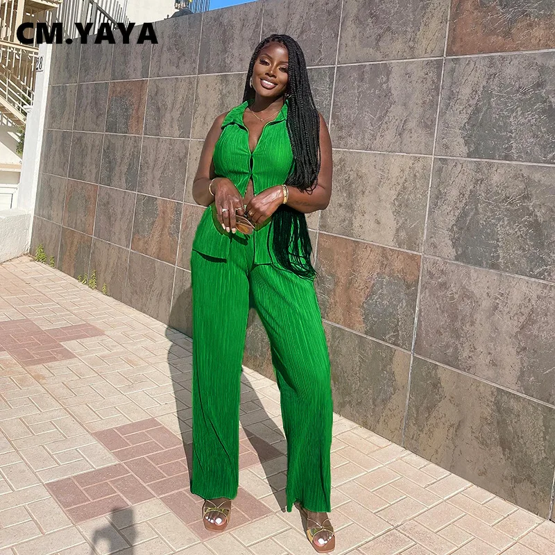 CM.YAYA Women's Set Sleeveless Shirt Tops and Wide Leg Pants Suit Pleated  Tracksuit Two Piece Set Sweatsuit Fitness Green Outfit