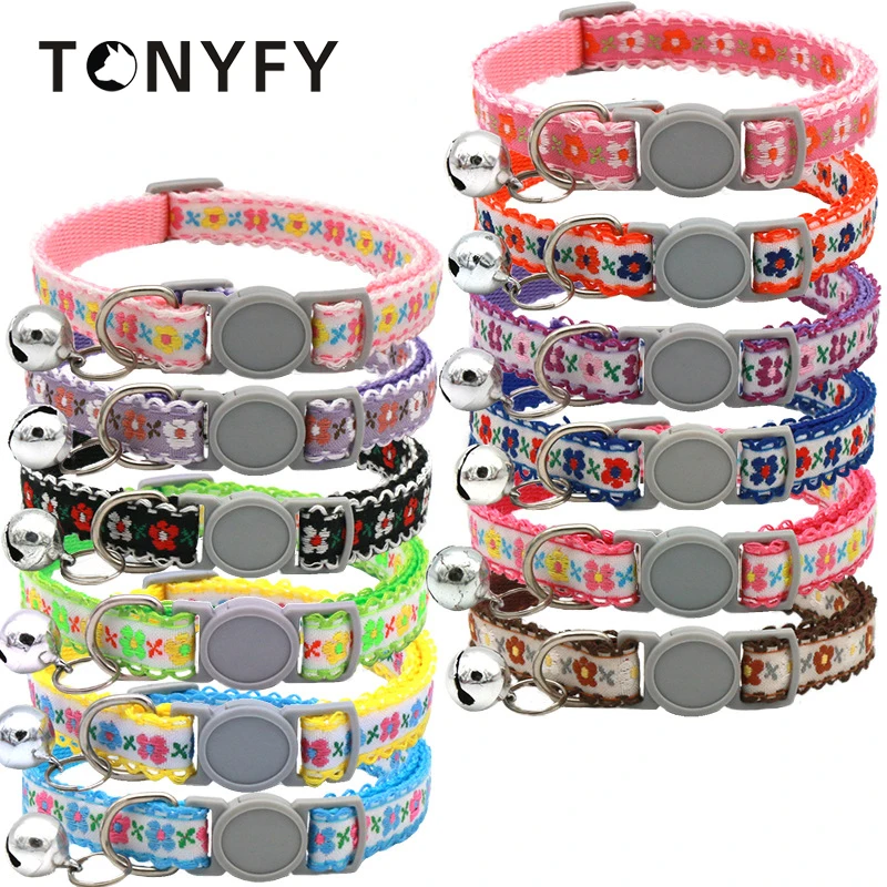 Pet Cat Collar Colorful Flower Pattern Cute with Bell Quick Release ...