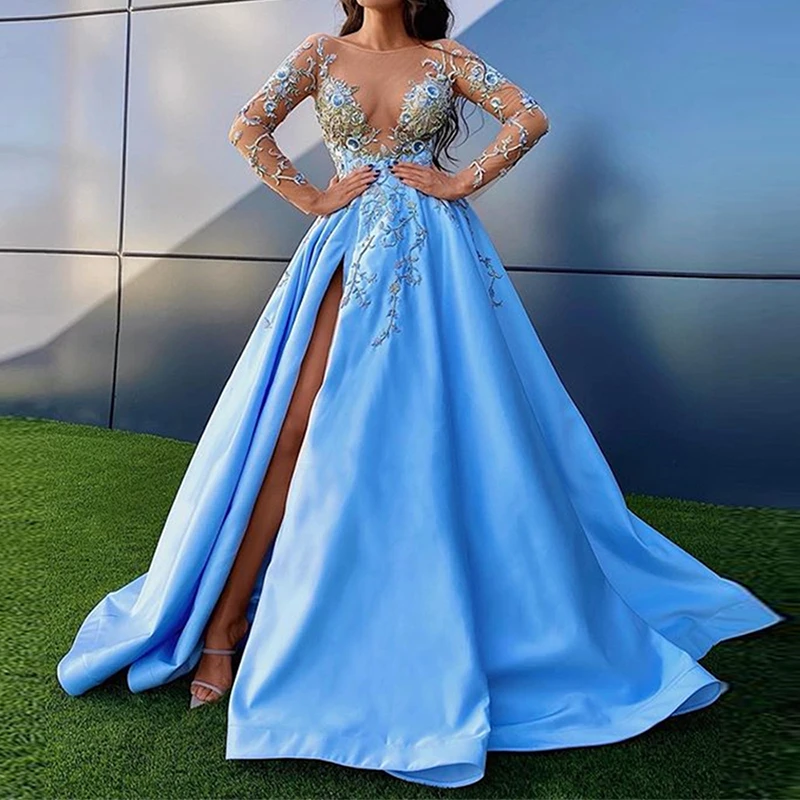 Blue Satin Prom Dresses Long Sleeve Flowers Lace Appliques Formal Evening Gowns 2022  illusion Beauty pageant Dresses long gown