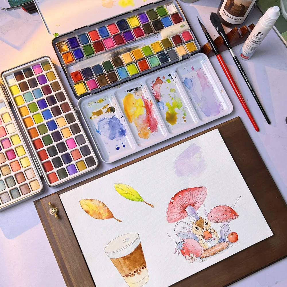 Ginflash 48/24colors Color Artistical Color Half Pan Pigment Paint Artist Painting Watercolors Set With Paint Brush