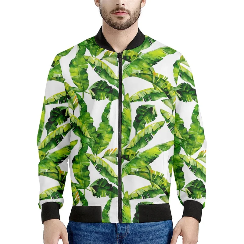thumbnail image 1 of Chaqueta bomber con estampado de hojas de plátano tropical para hombre, sudadera de manga larga en 3D, chaqueta bomber de calle de gran tamaño con cremallera, 1 of 4