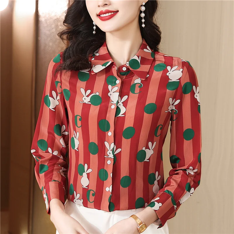 

Dropshipping Spring Summer Fall Vintage Rabbit Print Collar Long Sleeve Women Ladies Casual Party OL Workwear Top Shirt Blouse