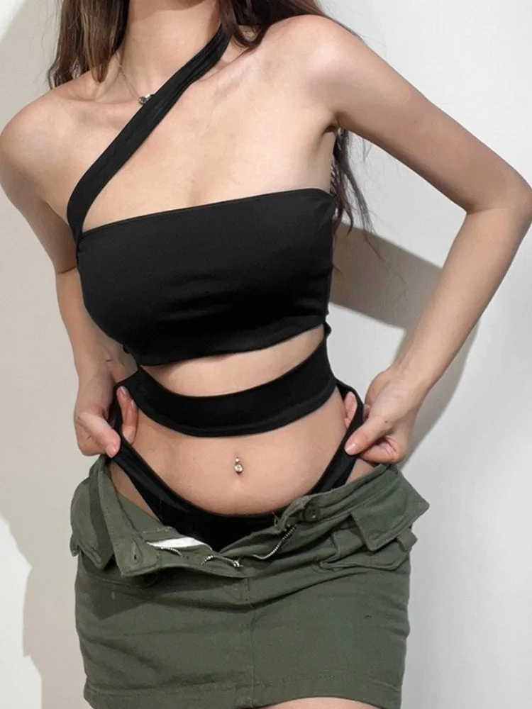 Single Shoulder Bodysuit Lingerie Sexy Body Feminino Black Top Women Rave Outfit Hollow Out One-pieces Y2k Clothes Hot Bustier