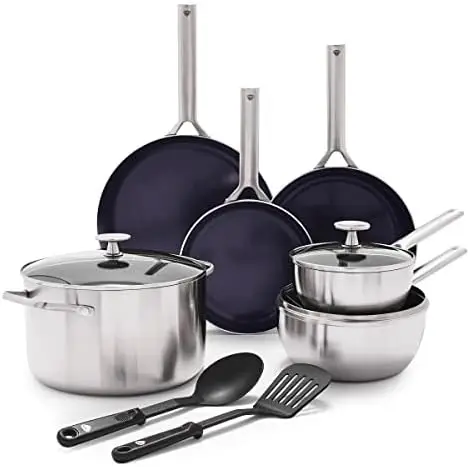 

Tri-Ply Stainless Steel Ceramic Nonstick, 7 Piece Cookware Pots and Pans Set, PFAS-Free, Multi Clad, Induction, Dishwasher Safe,