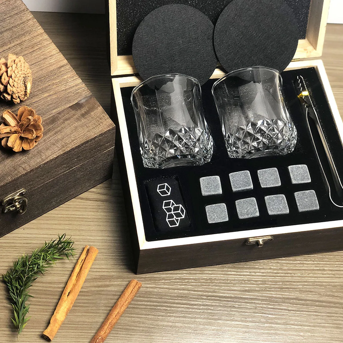 Christmas Valentine's Whiskey Gift Men Father's Present Whiskey Stones Glasses Set Whisky Wooden Box Granite Ice Cube whiskey stones set