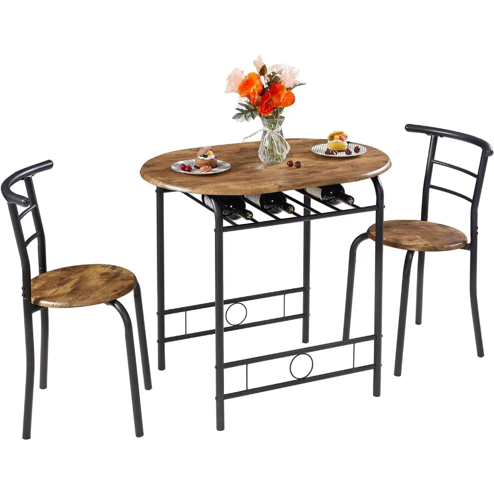 3 Piece Small Round Dining Table Set for Kitchen Breakfast Nook, Wood Grain Tabletop with Wine Storage Rack