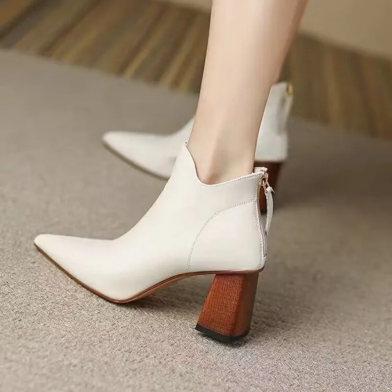 

Boots Women Pointed Toe Chunky Heel Women Boots high heel Leather boots Women Concise Short Boots High Heel Zipper Boots