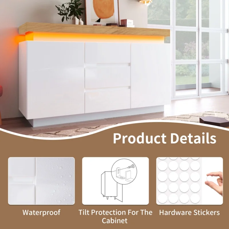 5 Drawer Dresser for Bedroom, 140CM Living Room Cabinet with High Gloss Drawers, Large Wood Chest of Drawer White – Detail 6