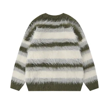 Striped Plush V-neck Sweater Men's Loose Casual Brushed Knit Trendy Couple Versatile Comfortable Harajuku High Street Cardigan - Image 2