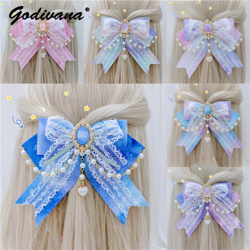 Lolita Hair Accessories Blooming Gradient Starry Sky Galaxy Bow Edge Clip Bow Decorative Hair Ring Girl Womens Hairpin Hairclips newborn photography props infant girl lace edge costume handmade outfit for baby girl photo shooting clothing prop accessories