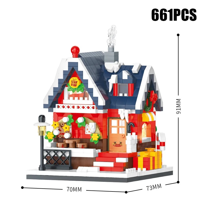 Micro Christmas Coffee Candy House With Lights Model Building Blocks Creative Bookstore Xmas Decoration Diamond Bricks Kids Gift