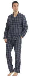 Men's Cozy Cotton Flannel Pajama Set - Soft Plaid Lounge Wear with Pockets - XXL (Navy Black Stripe)