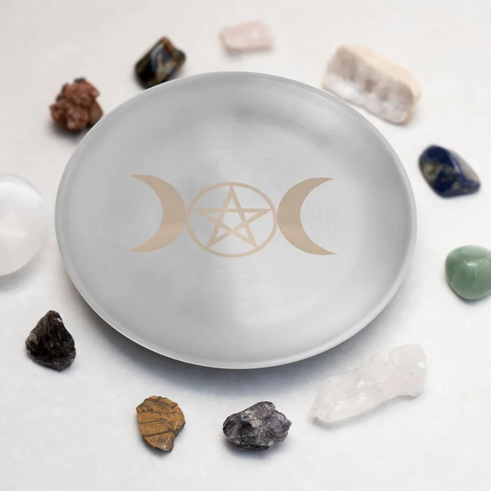 Altar Ritual Plate Vintage Metal Offering Bowl Pentagram Moon Candle Holder Burner Tray for Witchcraft Wiccan Tarot Supplies