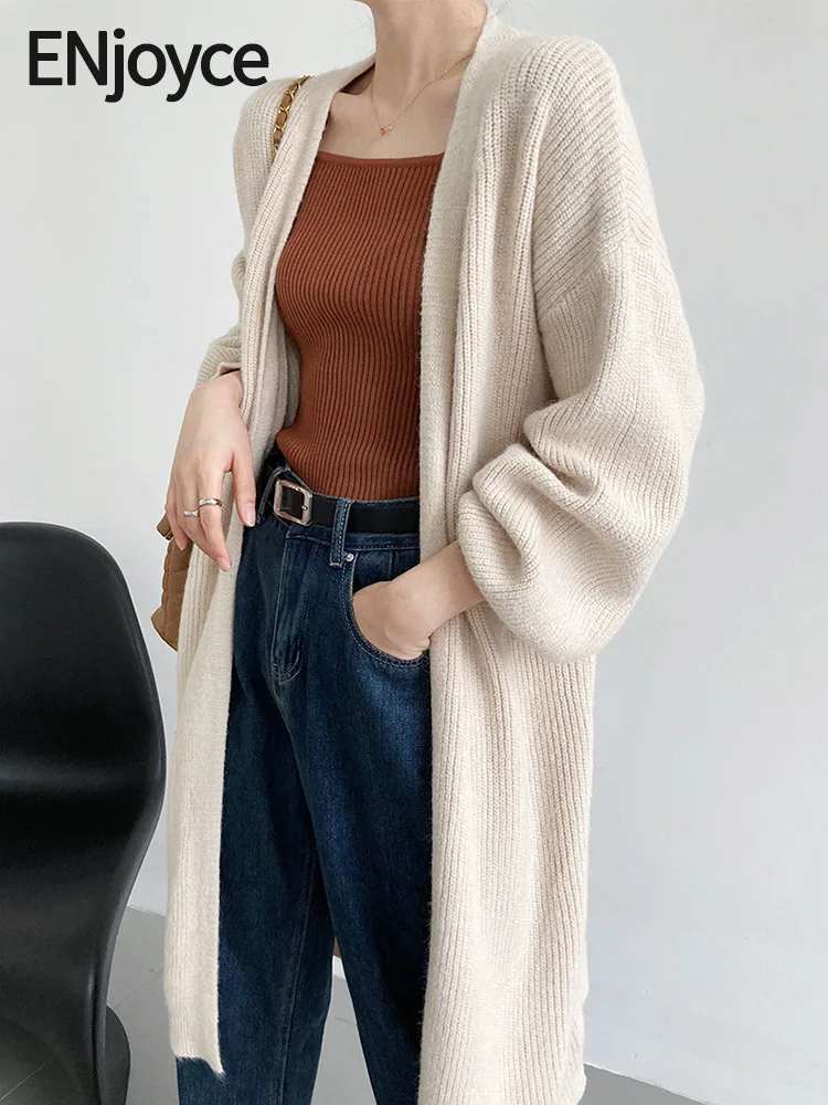 

ENjoyce 2023 Autumn Women Knee Length Knitted Cardigans Overcoats Ladies Korean Lantern Sleeve Sweater Jacket Knitwear Coat