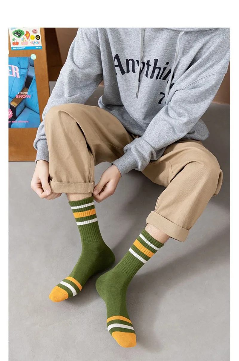 5 Pairs Men Autumn And Winter Striped Sports Socks Comfortable Breathable Wear-resistant Warm Polyester Cotton Mid Tube Socks 16 Sad66444c24384c76ae8eb159861c33104