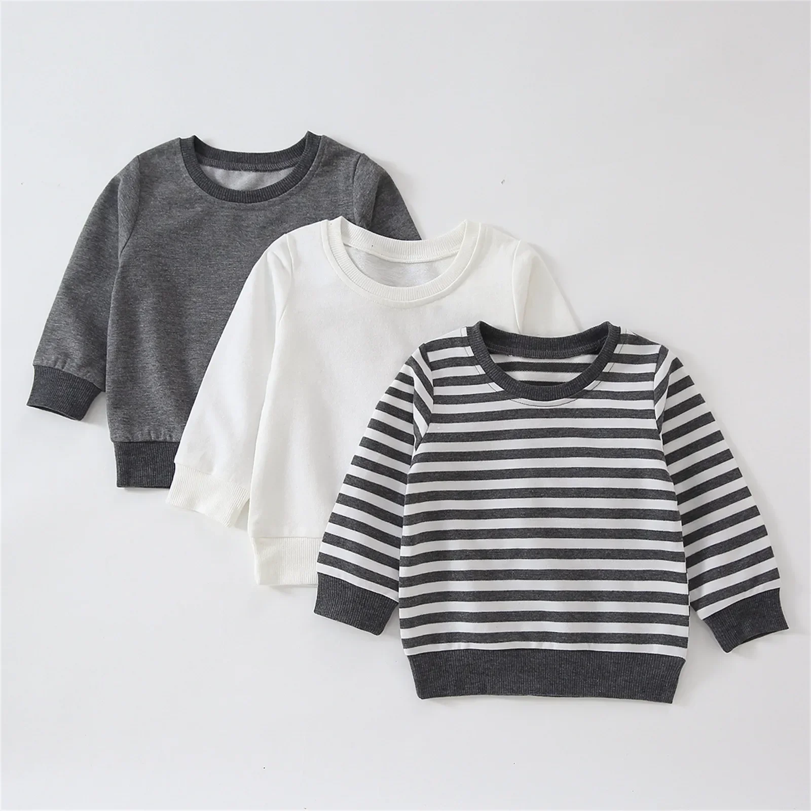 Baby Boy/Girl Solid/Striped Crewneck Long-sleeve Pullover Sweatshirt Soft and Comfortable for Outings