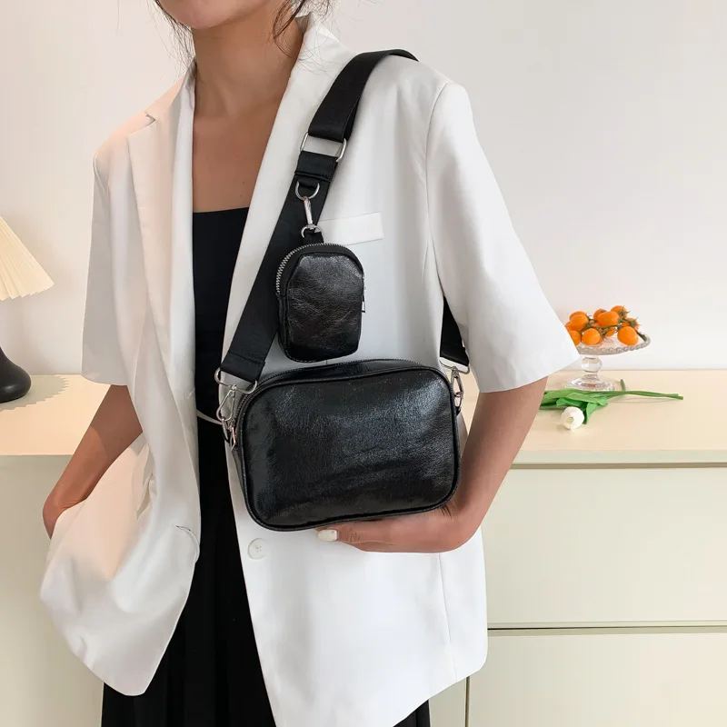 Simple Wide Strap Designer Handbags Purse PU Leather Women's Crossbody Bags 2pcs Luxury Brand Solid Color Shoulder Bag