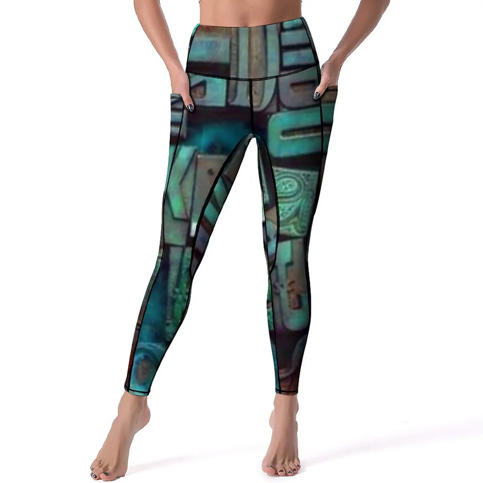 

Abstract Letters Leggings Pockets Wooden Word Print Yoga Pants Push Up Workout Yoga Legging Elegant Stretch Sports Tights