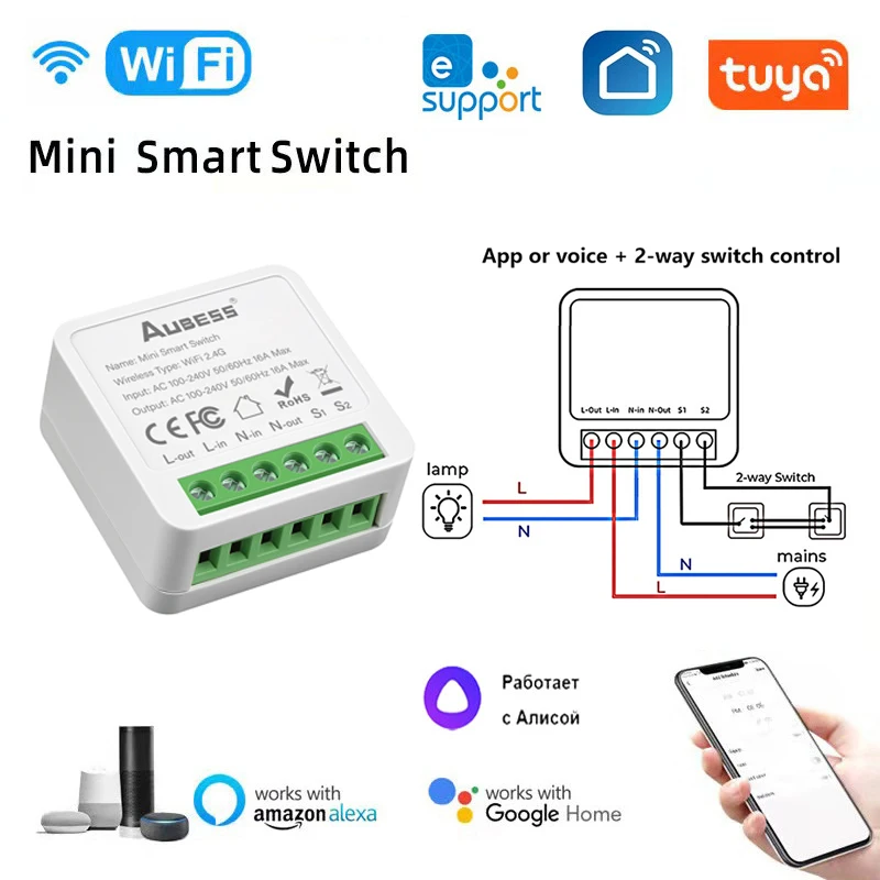 Wifi Mini Smart Switch 16a Diy Light Switch Support 2-way Control Work ...