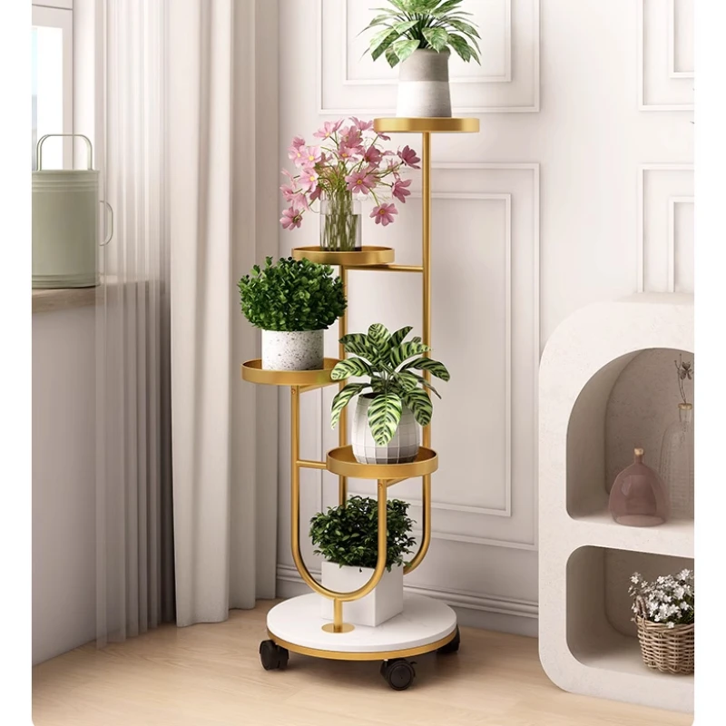 High-End Steel Plant Stand with Rock Slabs Base Multi-Tier Flower Shelf Plant Holder Stylish Succulent Display Rack with Wheels
