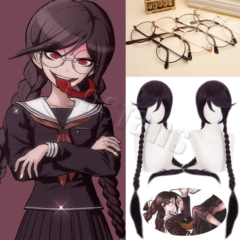 Anime Danganronpa Toko Fukawa Parrucche Cosplay Occhiali Rotondi Parrucche Lunghe Viola Scuro Gonna Set Dangan Ronpa Uniforme Scolastica Giapponese
