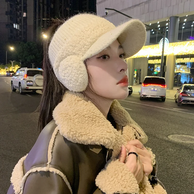 Fashion Trend With Earflaps Empty Top Baseball Caps Lambswool Knitted Women's Hat Autumn Winter Thicker Warm Cap baseball cap