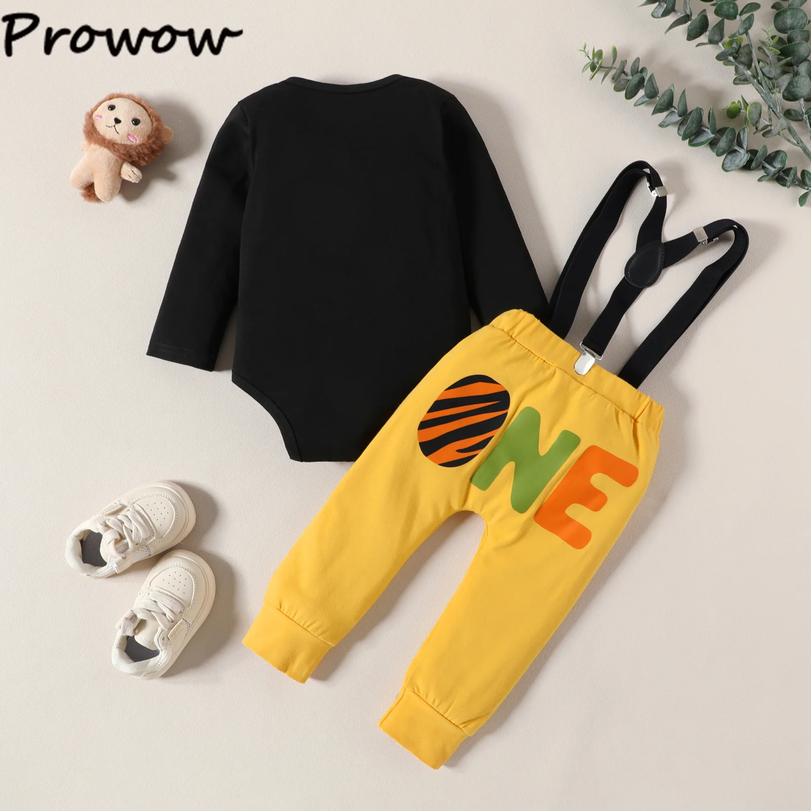 Prowow 첫 번째 생일 소년 의상, 레터 One 바디 수트 및 서스펜더 작업복, 첫 번째 생일  소년 옷, 0-18M