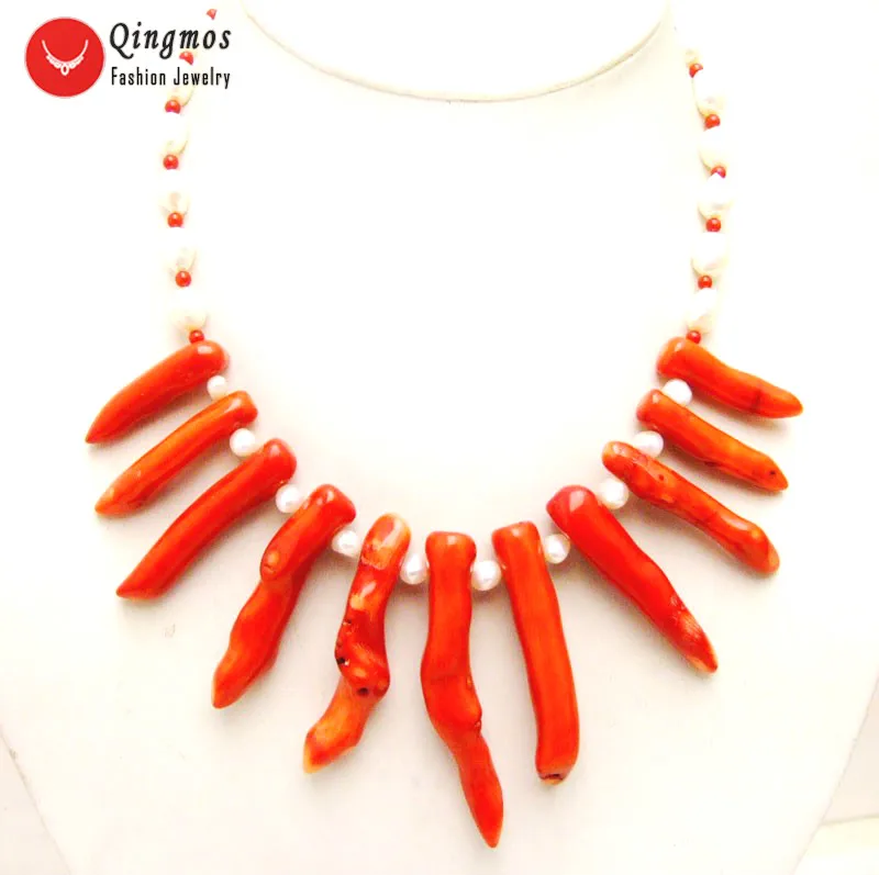 

Qingmos 30-50mm Branch Natural Red Coral Necklace for Women with 7-9mm Baroque White Pearl Necklace 18" Chokers Jewelry