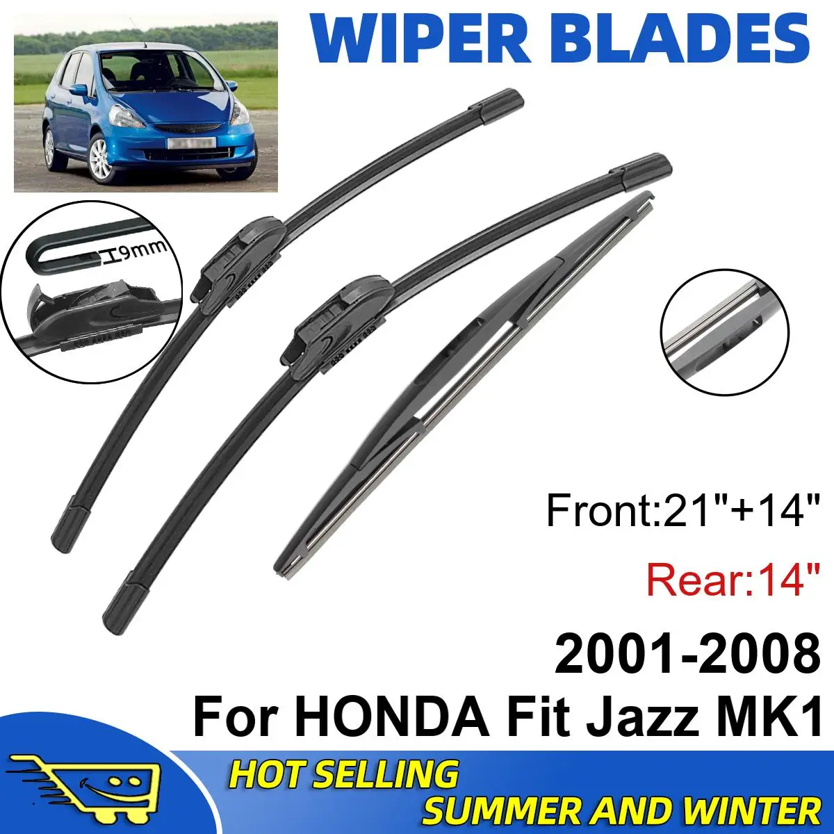 3PCSForHONDAFitJazzMK120012008211414FrontRearWiperBlades