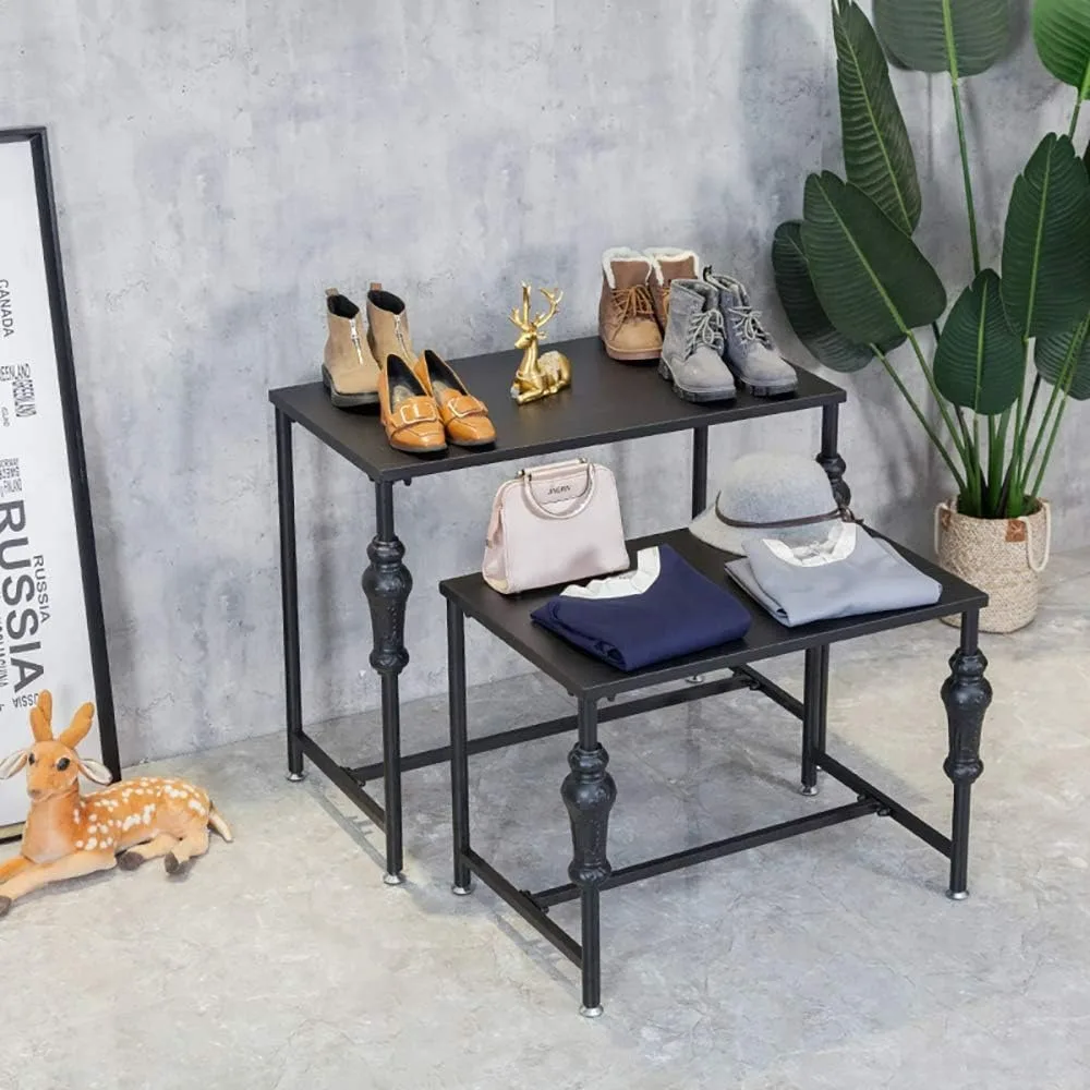 Rustic Style Dual-Tier Clothing and Shoe Display Stands with Boutique Riser and Vintage Storage Shelves