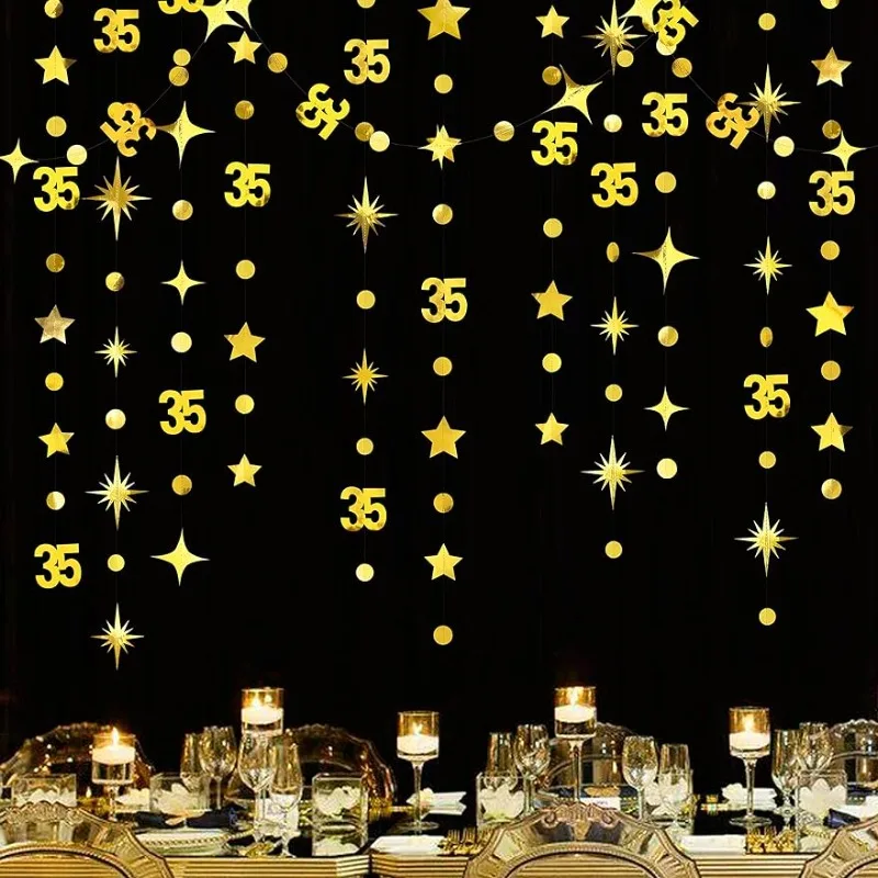 

Gold 35th Birthday Decorations Number 35 Circle Dot Star Garland Metallic Hanging Streamer for 35th Anniversary Party Supplies