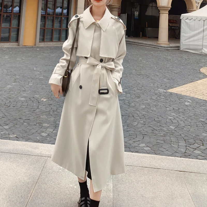 

Beige Temperament Fashion Trench Coat Long Double-Breasted with Belt Spring Autumn Lady Duster England Style Female Outerwear