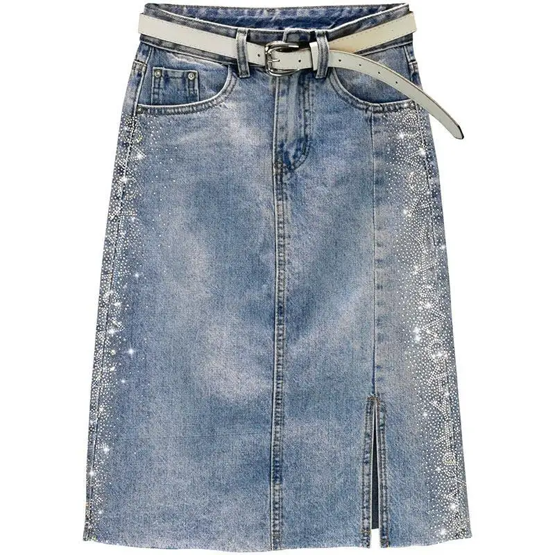 

Ladies Rhinestone Split Denim Skirt Female 2023 Spring/Summer New Fashion High Waist Mid-Long Hip Skirt Elegant Women's Skirts